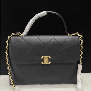 Black Quilted Leather Shoulder Bag with Gold Chain